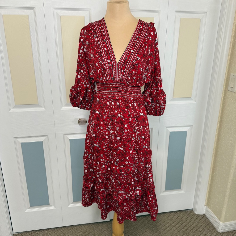 Max Studio Red Floral V-Neck Smocked Waist Tiered Midi Dress 9M01Y66B XS